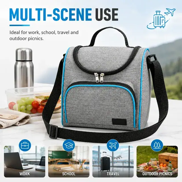 Grey Insulated Lunch Bag with Blue Trim and Adjustable Strap (600D Two-Tone Polyester/PVC, 23x13x23 cm) — construction detail 4