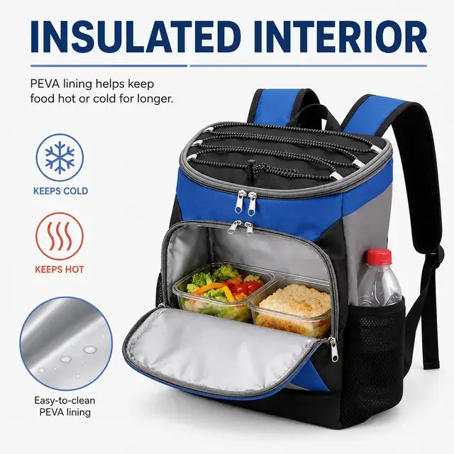 Insulated Lunch Backpack with Multiple Compartments and Bottle Pocket (Polyester, 31.5x16.5x45 cm) — construction detail 1