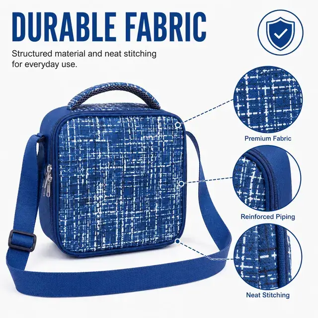 Insulated Lunch Bag with Blue and White Design (Polyester, 22x11x22 cm) — construction detail 1