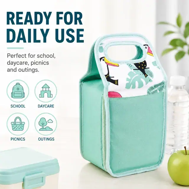 Insulated Lunch Bag with Toucan Print and Built-In Handle (Polyester, 17x13x36 cm) — construction detail 4
