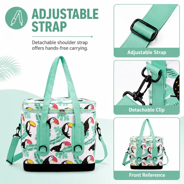 Insulated Lunch Bag with Toucan Print, Handles and Strap (Polyester, 37x23.5x35.5 cm) — construction detail 1