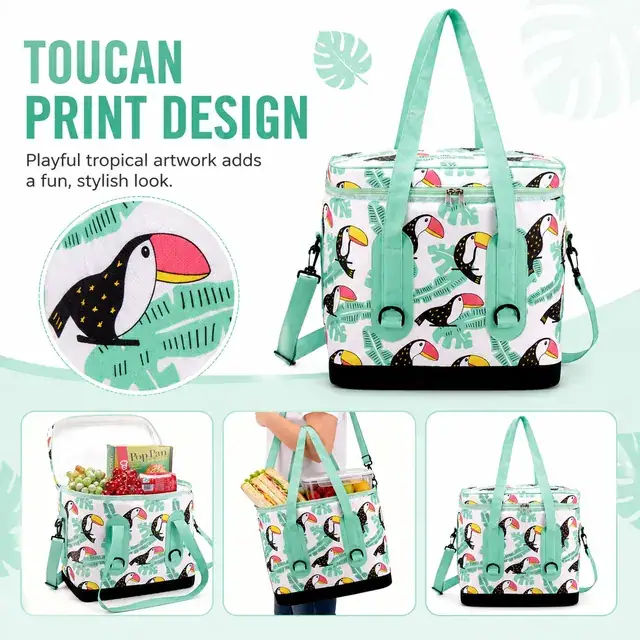 Insulated Lunch Bag with Toucan Print, Handles and Strap (Polyester, 37x23.5x35.5 cm) — construction detail 3