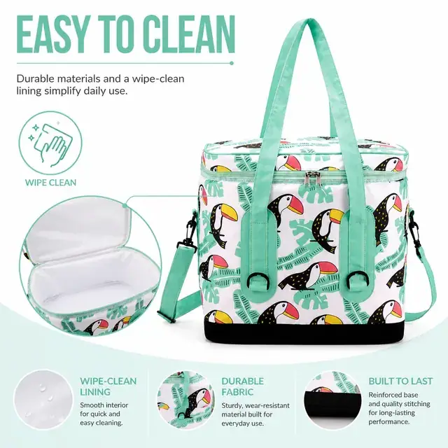 Insulated Lunch Bag with Toucan Print, Handles and Strap (Polyester, 37x23.5x35.5 cm) — construction detail 4