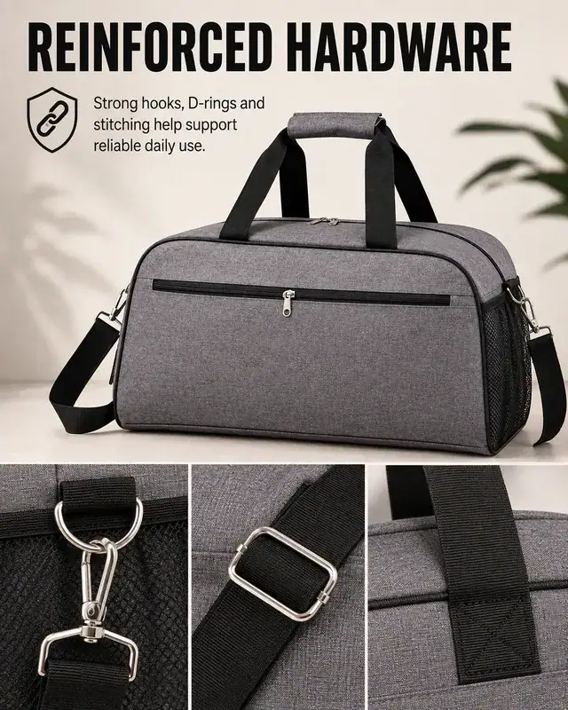 600D Polyester Large-Capacity Fitness Gym Bag with Side Mesh Pocket 55×23×28cm — construction detail 4