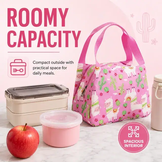 Llama Print Insulated Lunch Bag with Handles for Travel (Microfiber, 23.5x13x17.5 cm) — construction detail 1