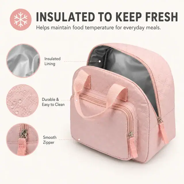 Mini Portable Cooler Tote Reusable Lunch Cooler Box Tote Bag (Polyester, Pink) — construction detail 1