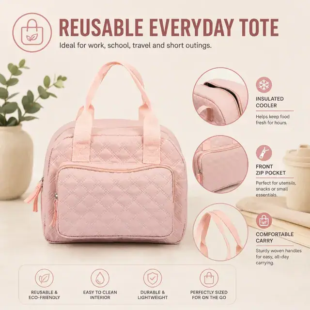 Mini Portable Cooler Tote Reusable Lunch Cooler Box Tote Bag (Polyester, Pink) — construction detail 3