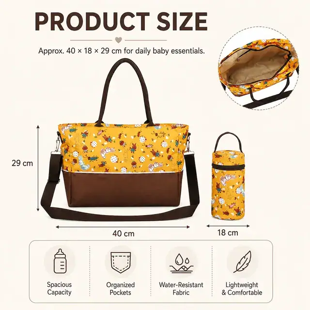 Luxury Baby Diaper Tote Bag with Bottle Holder — 40 x 18 x 29 cm — construction detail 1