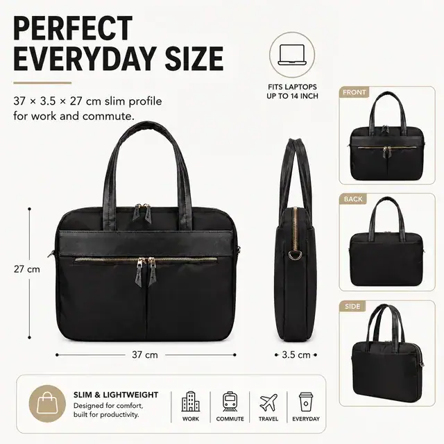 Minimalist Waterproof Nylon Laptop Tote — Dual Zipper, Anti-Theft, 37×3.5×27 cm — construction detail 1