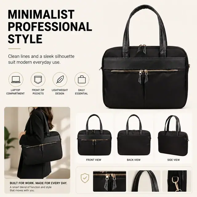 Minimalist Waterproof Nylon Laptop Tote — Dual Zipper, Anti-Theft, 37×3.5×27 cm — construction detail 2