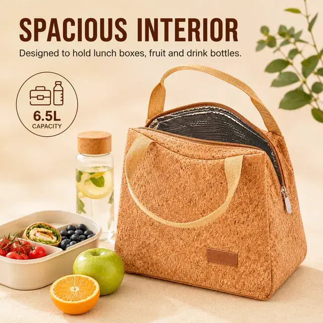 Natural Cork Insulated Lunch Bag with Handles for Travel (Cork Leather, 23.5x13x17.5cm) — construction detail 1