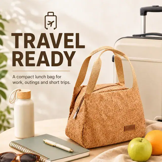 Natural Cork Insulated Lunch Bag with Handles for Travel (Cork Leather, 23.5x13x17.5cm) — construction detail 2