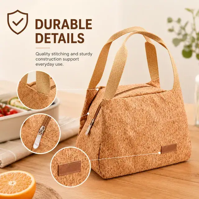 Natural Cork Insulated Lunch Bag with Handles for Travel (Cork Leather, 23.5x13x17.5cm) — construction detail 3