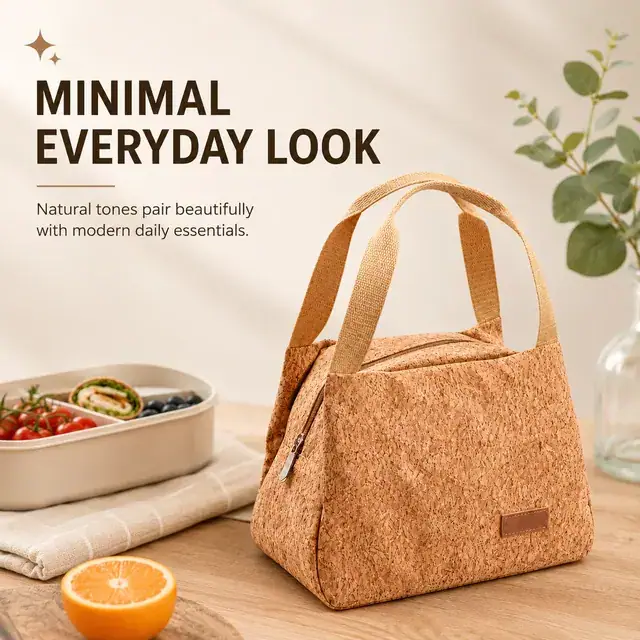 Natural Cork Insulated Lunch Bag with Handles for Travel (Cork Leather, 23.5x13x17.5cm) — construction detail 4