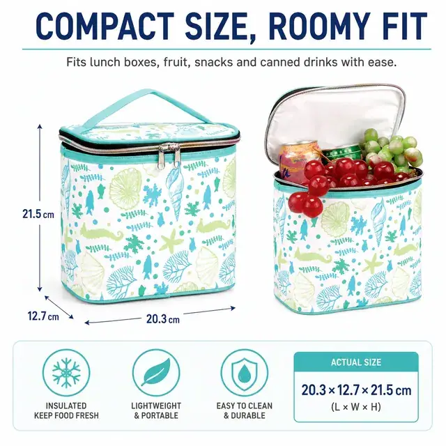 Ocean-Themed Insulated Lunch Bag with Light Blue Handles (Polyester, 20.3x12.7x21.5cm) — construction detail 1