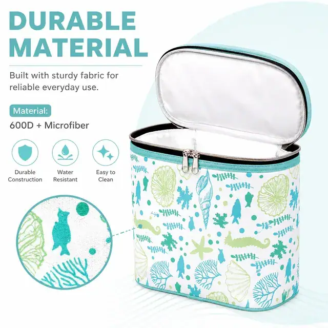 Ocean-Themed Insulated Lunch Bag with Light Blue Handles (Polyester, 20.3x12.7x21.5cm) — construction detail 2