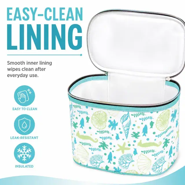 Ocean-Themed Insulated Lunch Bag with Light Blue Handles (Polyester, 20.3x12.7x21.5cm) — construction detail 3
