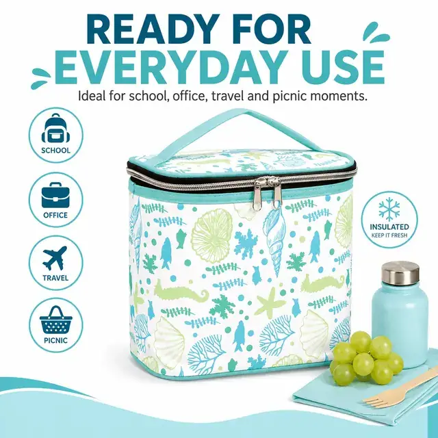 Ocean-Themed Insulated Lunch Bag with Light Blue Handles (Polyester, 20.3x12.7x21.5cm) — construction detail 4