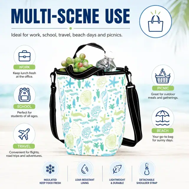Ocean-Themed Multifunctional Insulated Lunch & Picnic Bag (Polyester, 24x12.5x28cm) — construction detail 4