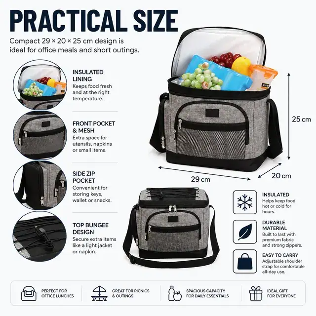 Office Worker Meal Bag - Insulated Picnic Cooler Bag (600D Two-Tone Polyester / PVC, 29x20x25cm) — construction detail 2
