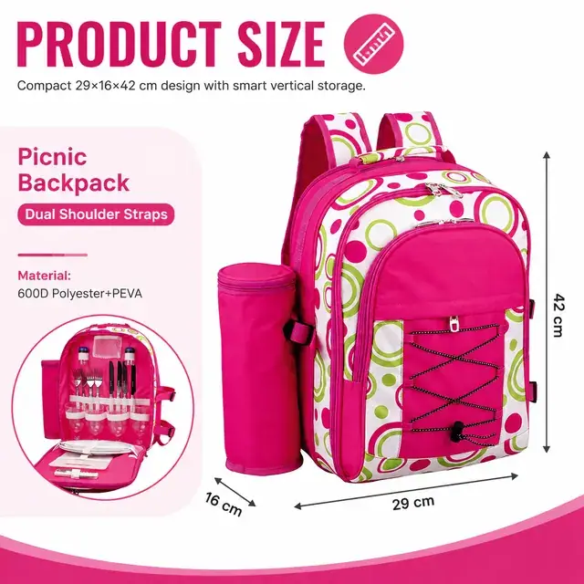 Picnic Backpack with Dual Shoulder Straps (600D Polyester + PEVA, 29*16*42cm) — construction detail 1