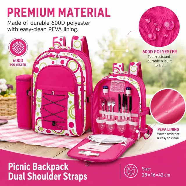 Picnic Backpack with Dual Shoulder Straps (600D Polyester + PEVA, 29*16*42cm) — construction detail 2