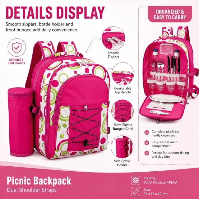 Picnic Backpack with Dual Shoulder Straps (600D Polyester + PEVA, 29*16*42cm) — construction detail 3