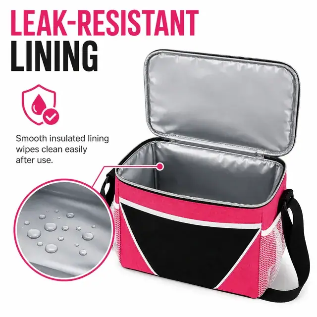 Pink Insulated Lunch Bag with Adjustable Strap and Zipper (300D Snowflake / PVC, 30x18x22cm) — construction detail 1