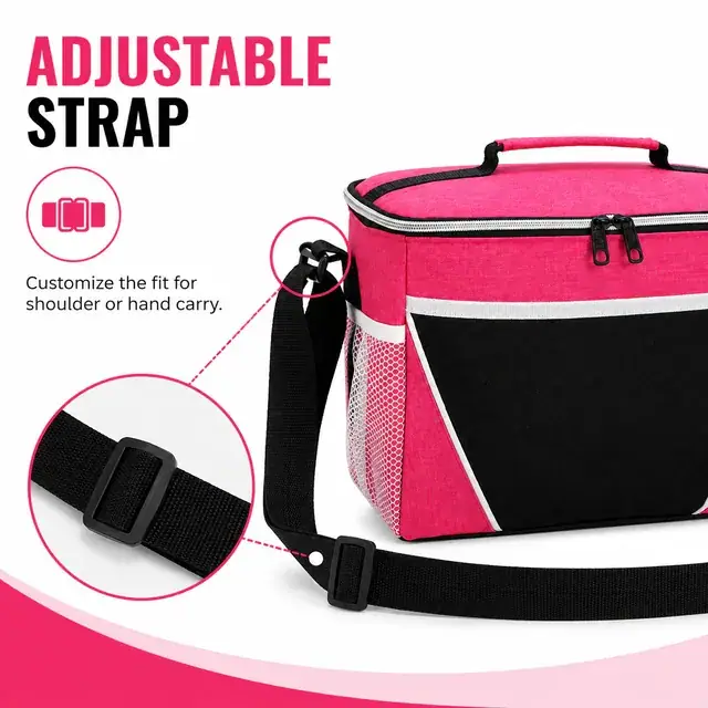 Pink Insulated Lunch Bag with Adjustable Strap and Zipper (300D Snowflake / PVC, 30x18x22cm) — construction detail 2