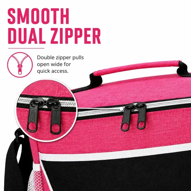 Pink Insulated Lunch Bag with Adjustable Strap and Zipper (300D Snowflake / PVC, 30x18x22cm) — construction detail 3