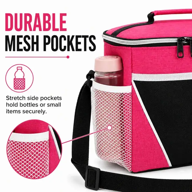 Pink Insulated Lunch Bag with Adjustable Strap and Zipper (300D Snowflake / PVC, 30x18x22cm) — construction detail 4