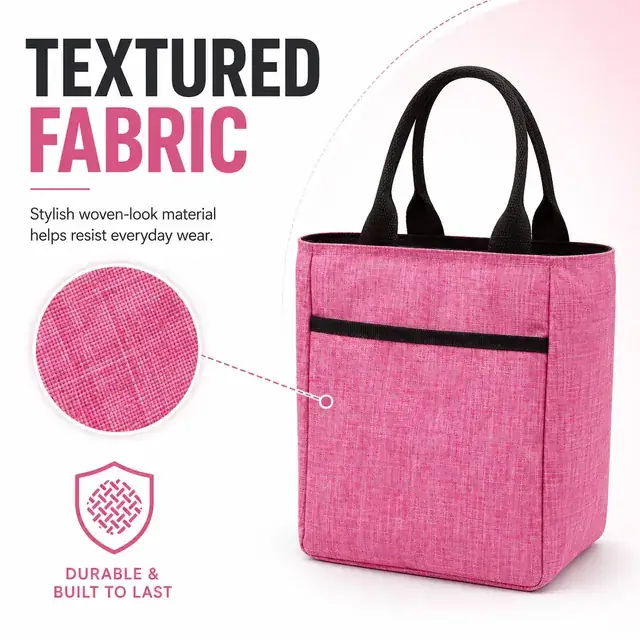 Pink Insulated Lunch Tote Bag with Durable Carry Handles (Melange, 20x14.5x23cm) — construction detail 1