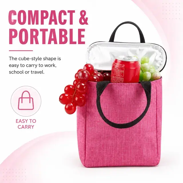 Pink Insulated Lunch Tote Bag with Durable Carry Handles (Melange, 20x14.5x23cm) — construction detail 2