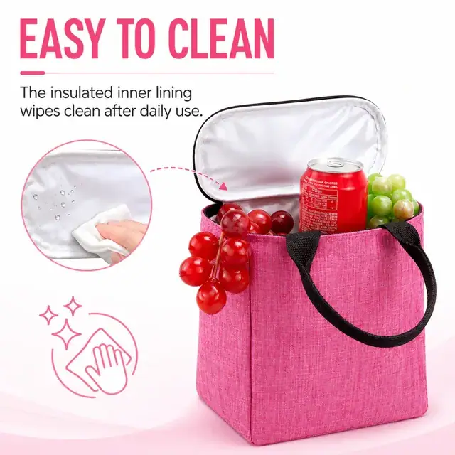 Pink Insulated Lunch Tote Bag with Durable Carry Handles (Melange, 20x14.5x23cm) — construction detail 3