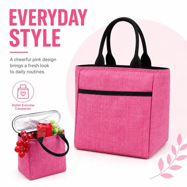 Pink Insulated Lunch Tote Bag with Durable Carry Handles (Melange, 20x14.5x23cm) — construction detail 4