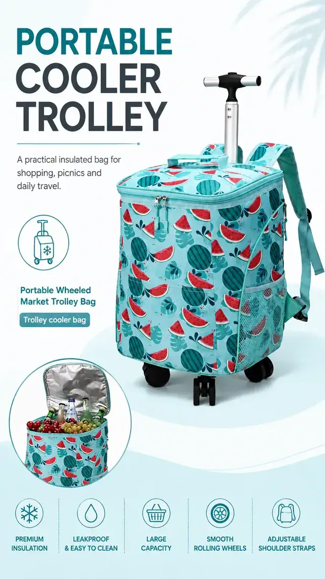 Portable Wheeled Market Trolley Bag — Microfiber & 600D Polyester Insulated Cooler 30×24.5×40.5cm — construction detail 1