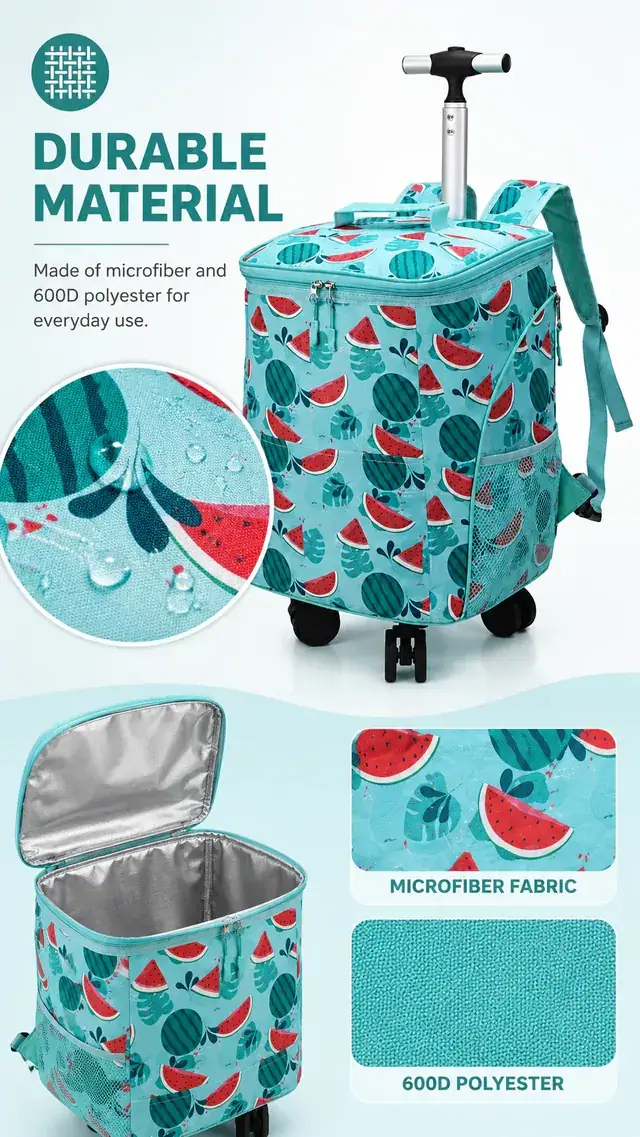 Portable Wheeled Market Trolley Bag — Microfiber & 600D Polyester Insulated Cooler 30×24.5×40.5cm — construction detail 2