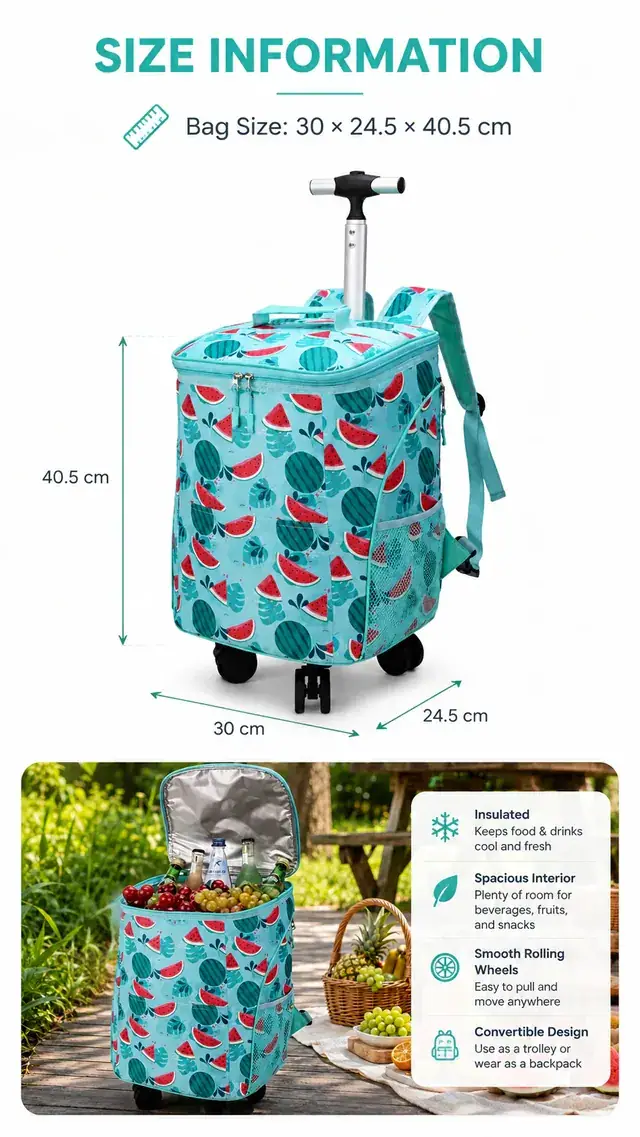 Portable Wheeled Market Trolley Bag — Microfiber & 600D Polyester Insulated Cooler 30×24.5×40.5cm — construction detail 3