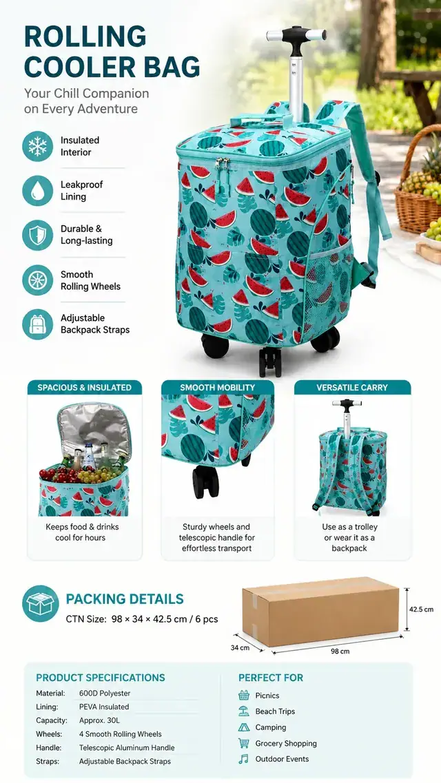 Portable Wheeled Market Trolley Bag — Microfiber & 600D Polyester Insulated Cooler 30×24.5×40.5cm — construction detail 4
