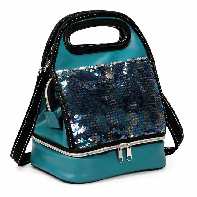 Portable Wine Cooler Bag for Picnic & Lunch (PU Leather + Sequin, 22.5x15.5x28cm) — product view