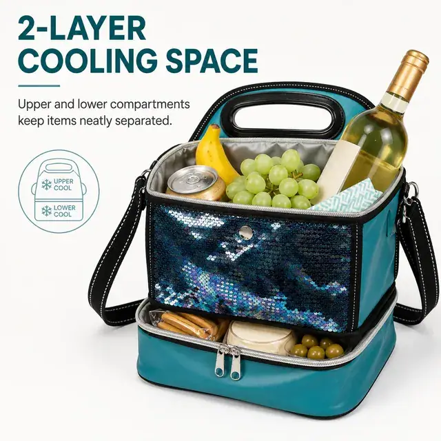 Portable Wine Cooler Bag for Picnic & Lunch (PU Leather + Sequin, 22.5x15.5x28cm) — construction detail 1