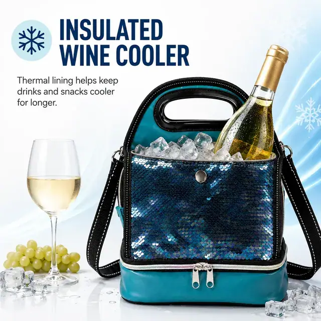Portable Wine Cooler Bag for Picnic & Lunch (PU Leather + Sequin, 22.5x15.5x28cm) — construction detail 2