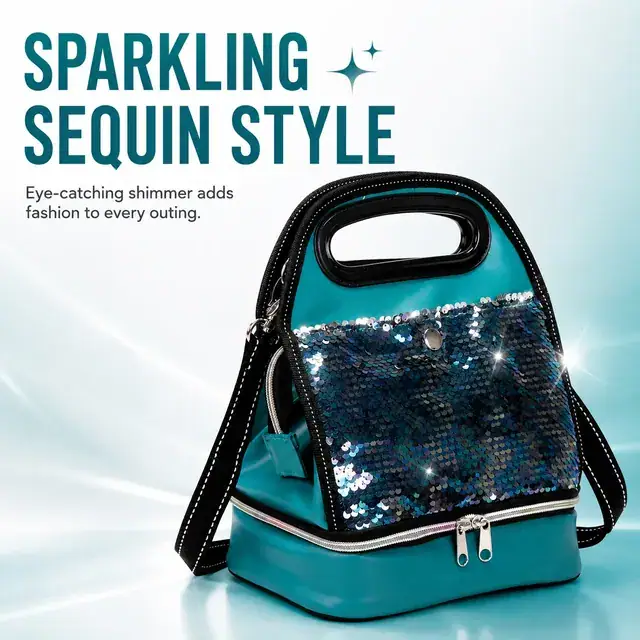 Portable Wine Cooler Bag for Picnic & Lunch (PU Leather + Sequin, 22.5x15.5x28cm) — construction detail 3