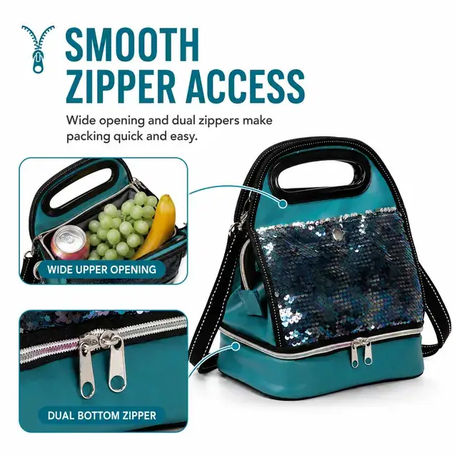 Portable Wine Cooler Bag for Picnic & Lunch (PU Leather + Sequin, 22.5x15.5x28cm) — construction detail 4