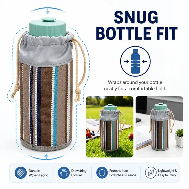 Reusable Water Bottle Sleeve with Drawstring Closure (9*9*16.5cm, Teslin, Striped) — construction detail 1