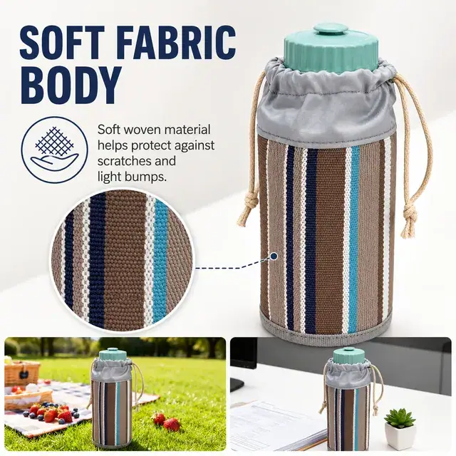 Reusable Water Bottle Sleeve with Drawstring Closure (9*9*16.5cm, Teslin, Striped) — construction detail 2