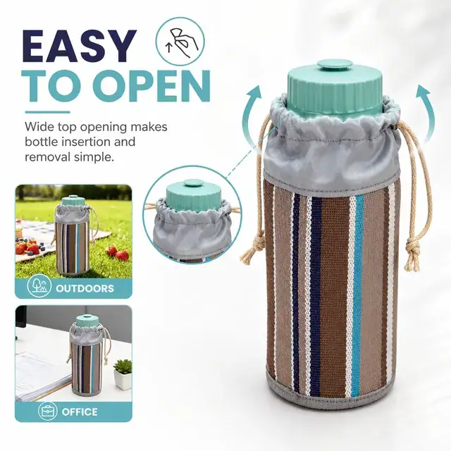 Reusable Water Bottle Sleeve with Drawstring Closure (9*9*16.5cm, Teslin, Striped) — construction detail 3