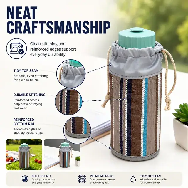 Reusable Water Bottle Sleeve with Drawstring Closure (9*9*16.5cm, Teslin, Striped) — construction detail 4