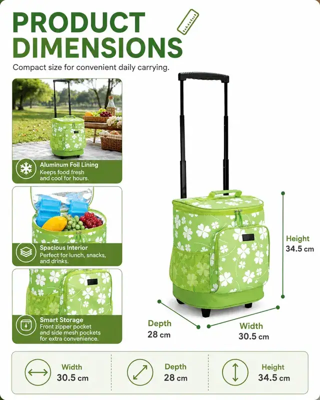 Insulated Rolling Cooler Trolley Bag for Outdoor — Microfiber, 30.5×28×34.5 cm — construction detail 1