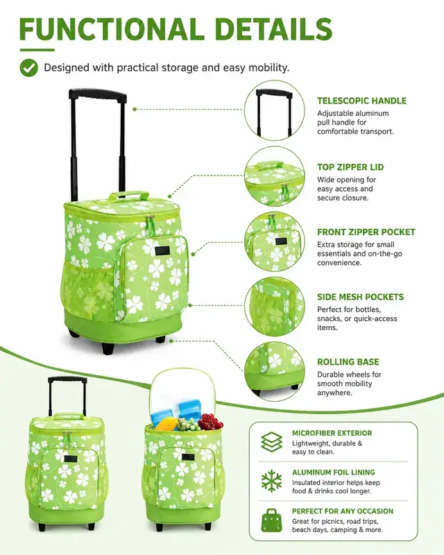Insulated Rolling Cooler Trolley Bag for Outdoor — Microfiber, 30.5×28×34.5 cm — construction detail 3